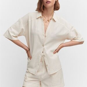 MANGO Cotton linen blend shirt short sleeve button down size large in color sand